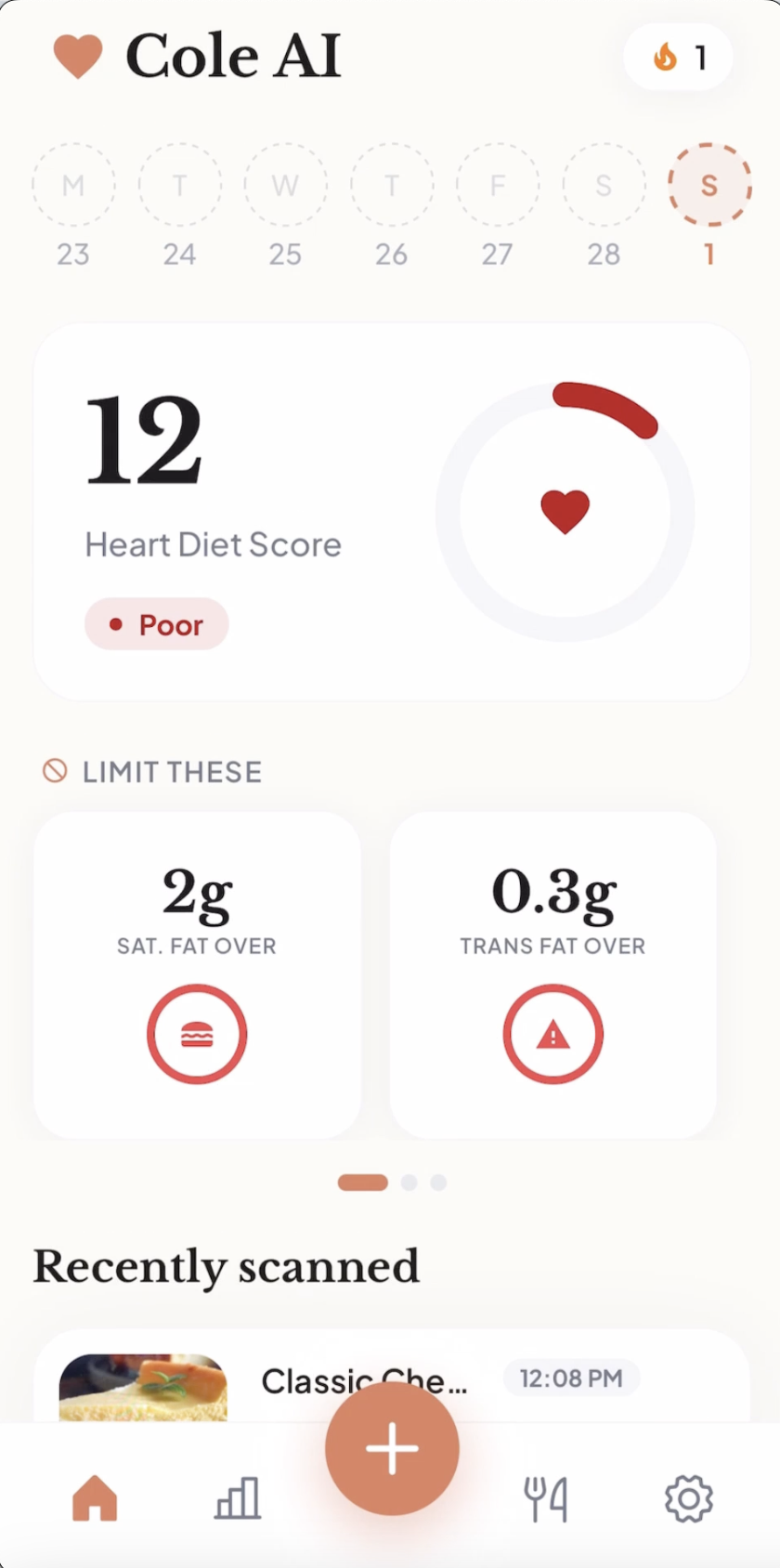 Cole AI app home screen showing Heart Diet Score and cholesterol tracking