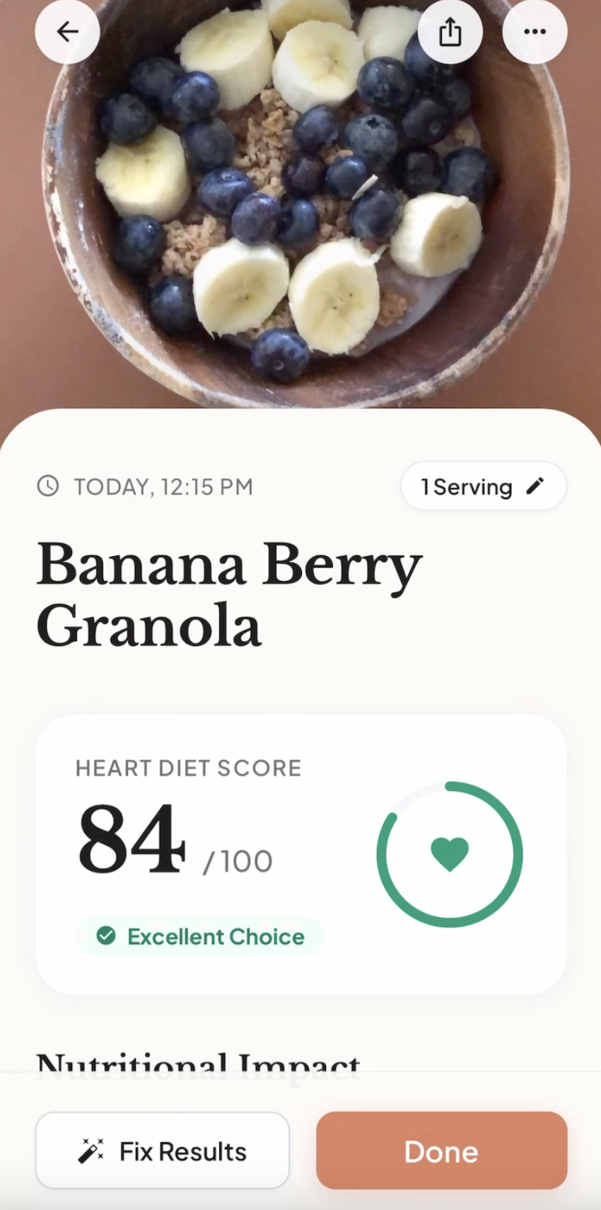 Cole AI showing Heart Diet Score of 84 for Banana Berry Granola